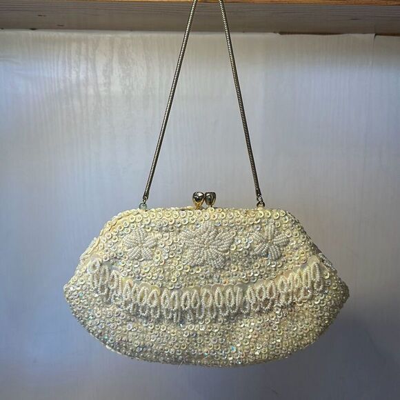 Vintage Hand Beaded Clutch Purse Beige Handbag Kisslock Handbag Gold Hardware - Picture 1 of 6